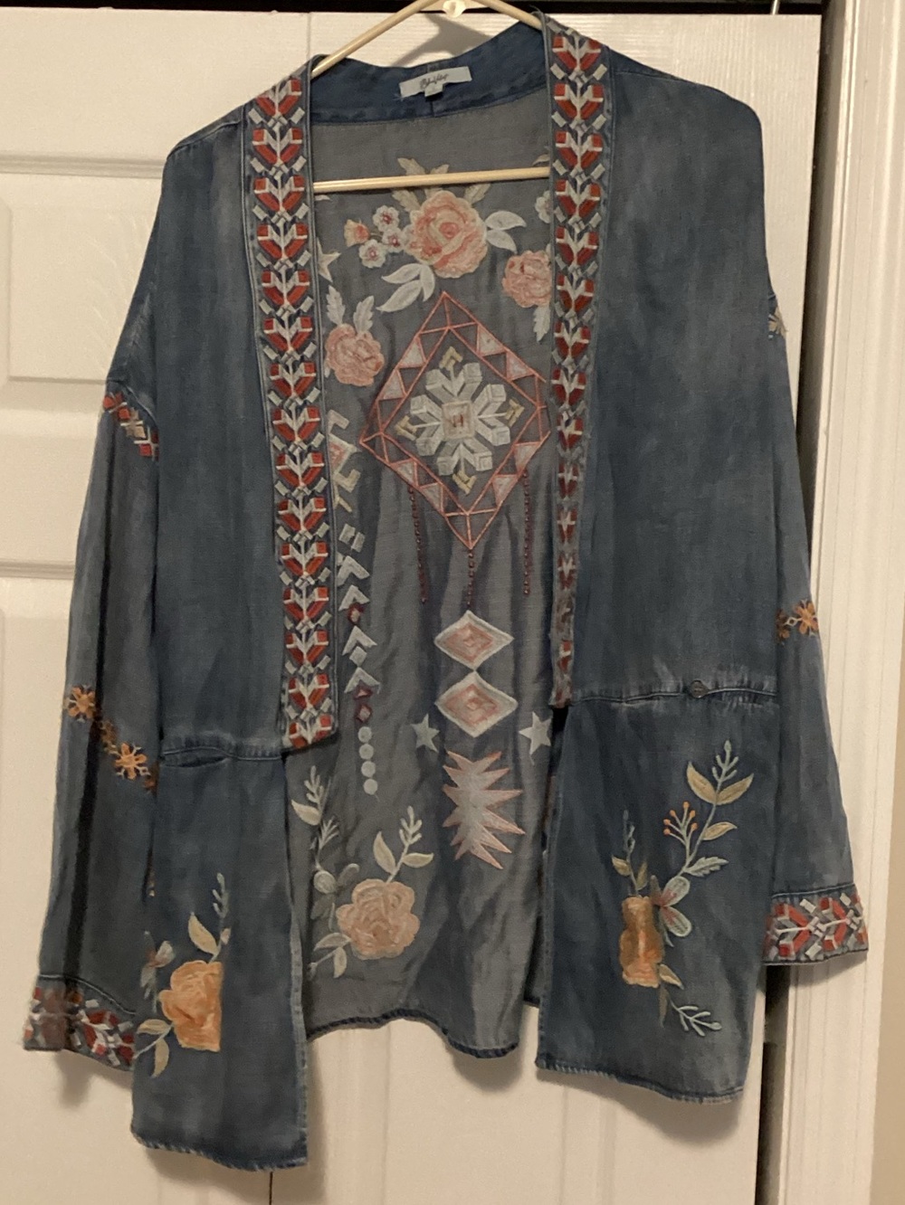 Blue Velvet Embroidered Denim Blue Boho Kimono Jacket